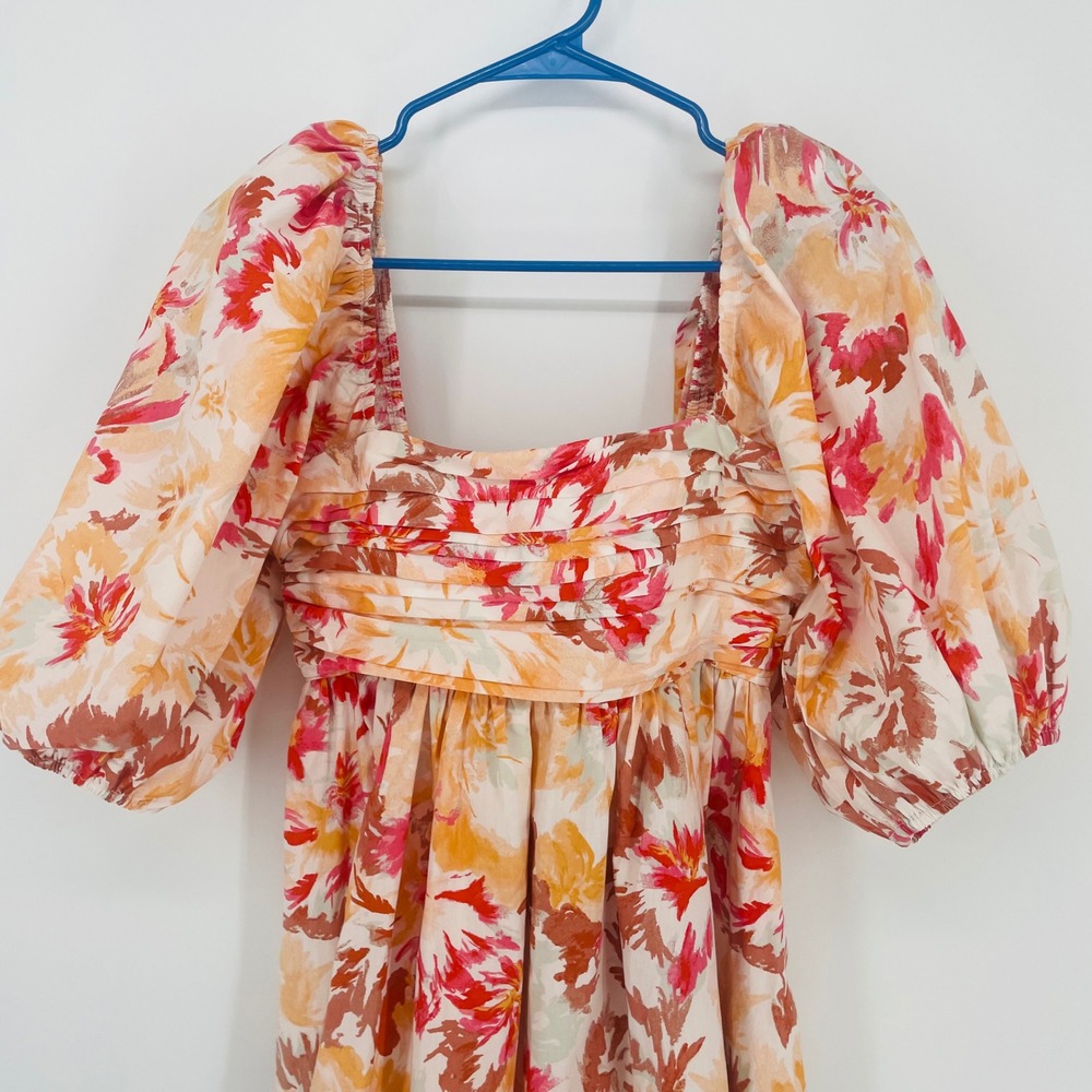 Abercrombie & Fitch Floral Puff Sleeve Pleated Mini Dress Orange Pink size XS - Picture 3 of 14